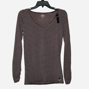 Hollister Must Have Collection Red Striped V-Neck Holiday Long Sleeved T-Shirt